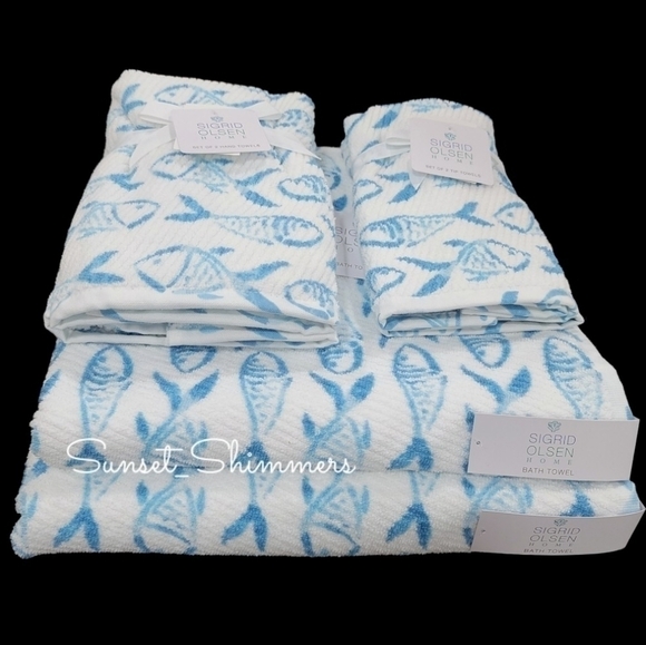6pc Sigrid Olsen Coastal Nautical Skool Blue Fish Bath Hand Tip Towel Set Cotton - Picture 1 of 8